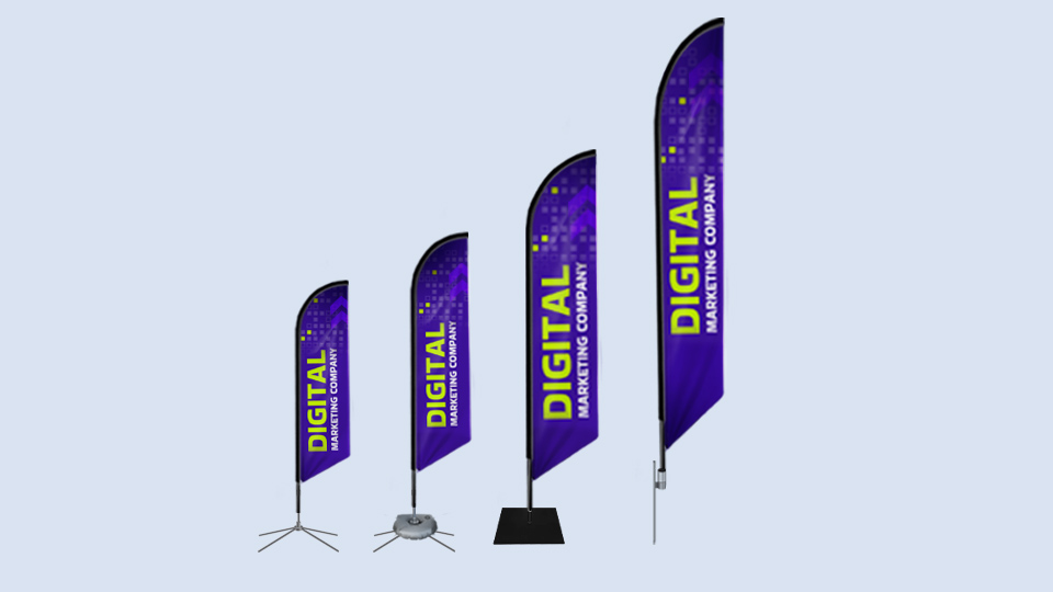 Small to large feather banners in purple with different base options