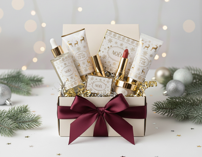 Luxury beauty gift box with skincare products and gold lipstick tied with burgundy ribbon.