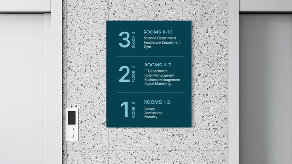 A blue building floor plan showcasing different rooms on each floor printed on a foam board sign.