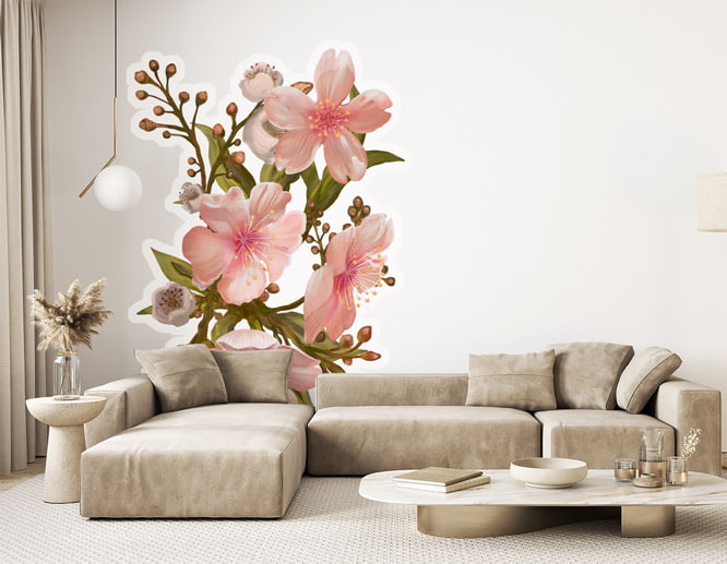Decorative peel and stick decal for living room with oversized flowers