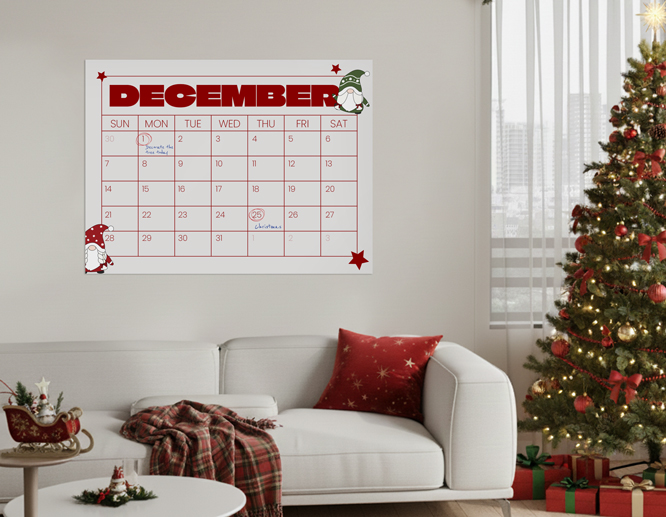 December wall calendar printed on foam board with Christmas decorations in a cozy living room.