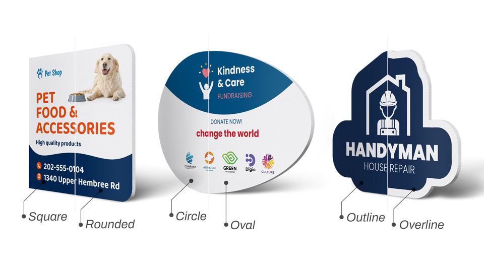 Foam board signs featuring different cuts and shapes next to one another with use case examples