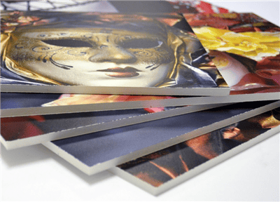 Foamboard pieces with art prints displaying their material, thicknesses and sizes