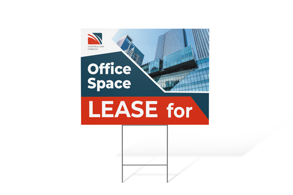 Office space for lease sign with modern building photo and bold red and blue design.
