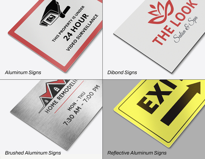 A collage of four types of metal signs.