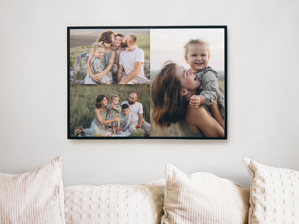 Family-themed framed canvas with three joyful images of happy parents and children.