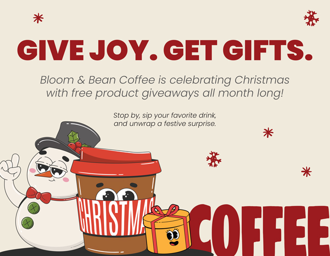 Christmas free gifts giveaway program with snowman and coffee cup.