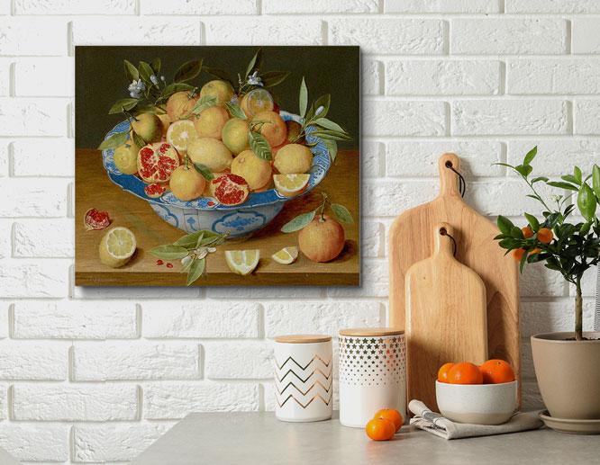 A free printable artwork for the kitchen showing a porcelain vase filled with fruit