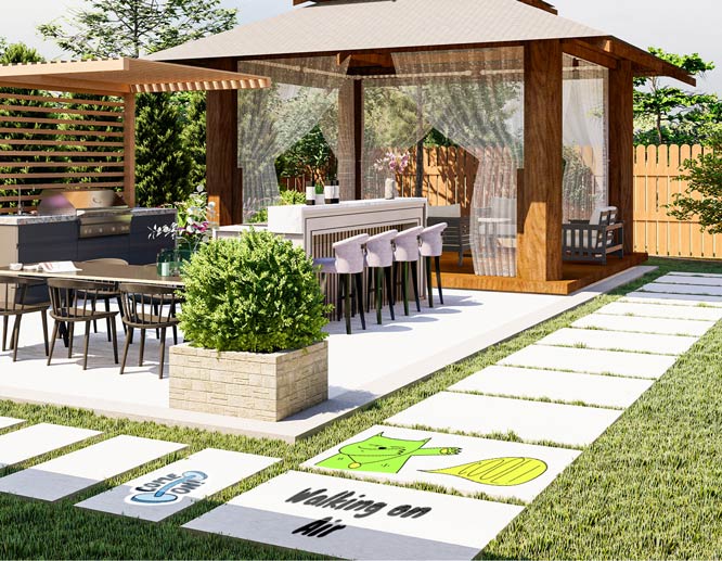 Fun front patio floor decor ideas with colorful graphics