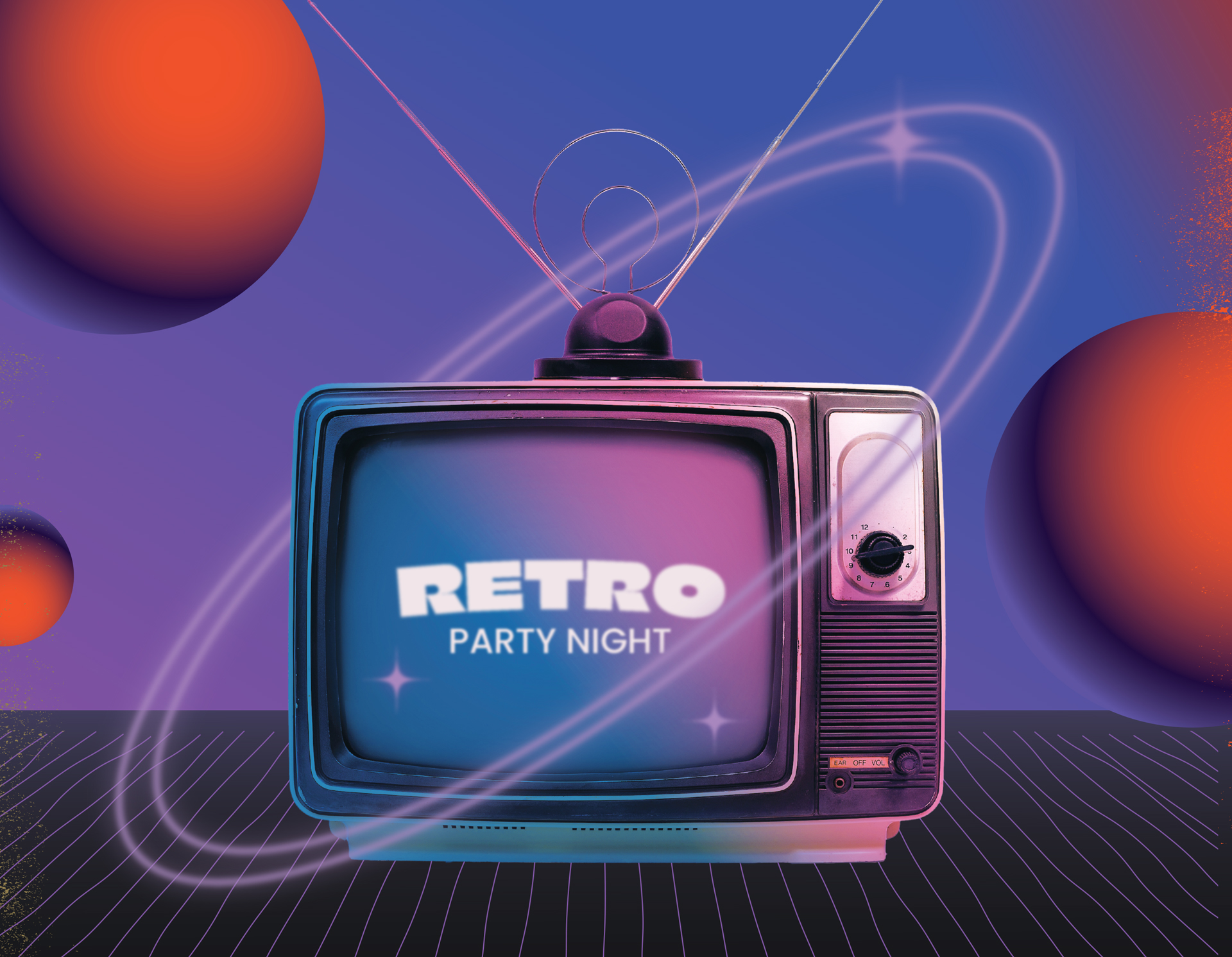Retro TV displaying Retro Party Night text against vibrant purple and orange gradient backdrop.