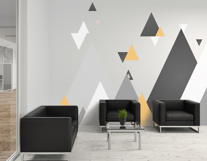 Geometric peel and stick wall decal set up in the office lobby for interior design