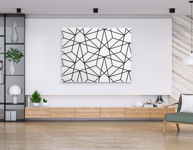 decorative large modern wall art in white with geometric figures drawn in lines