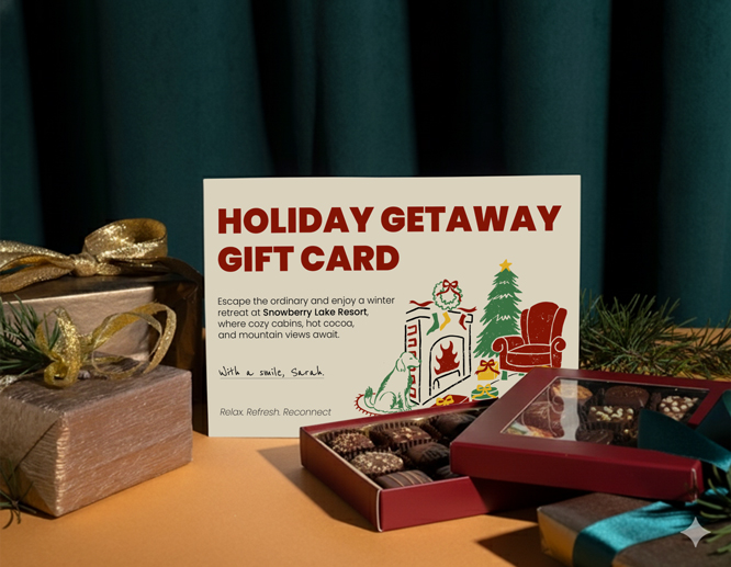 Holiday Getaway gift card with cozy fireplace illustration beside chocolate truffle box.