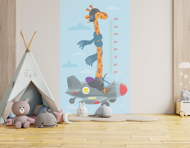 A playful growth chart nursery wall decal portraying a giraffe