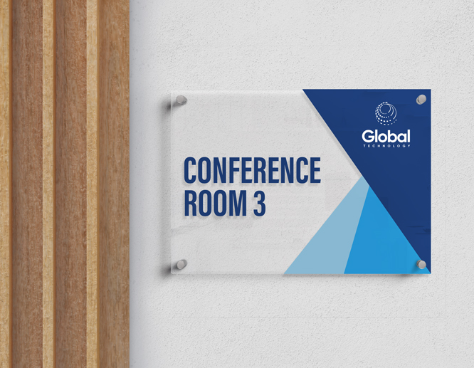 Modern conference room acrylic sign with blue geometric design featuring Global Technology branding