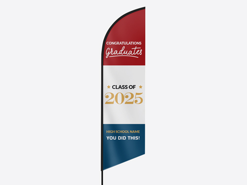 Graduation signage with bold gold numbers, red top, and blue bottom congratulatory message