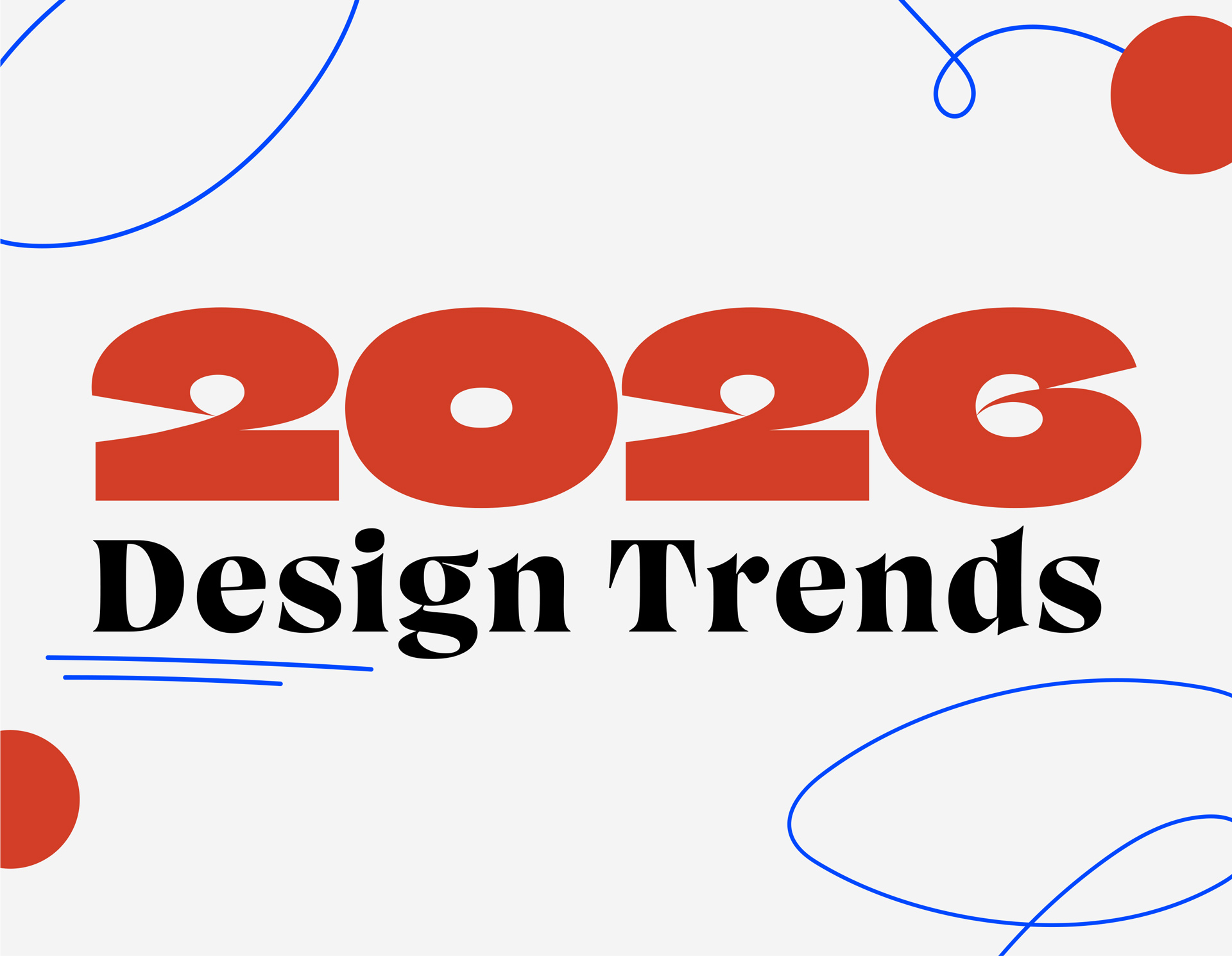 2026 Design Trends text in bold black serif font with large red numerals.