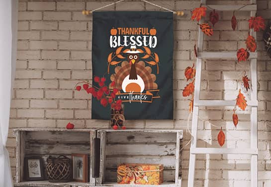 decorative Thanksgiving banner in black displaying a cute turkey