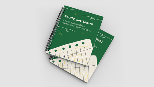 Green and white custom notebooks for students.