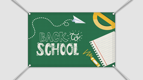 Elegant back to school mesh banner with paper plane, ruler, checkered paper, and marker.