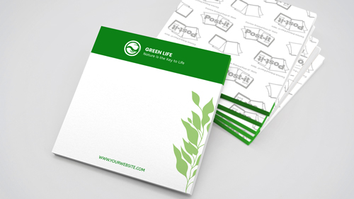 Green post-it notes paper material with delicate leaf patterns and the brand name