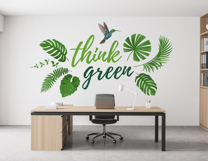 green peel and stick accent wall art with botanical illustrations and a quote