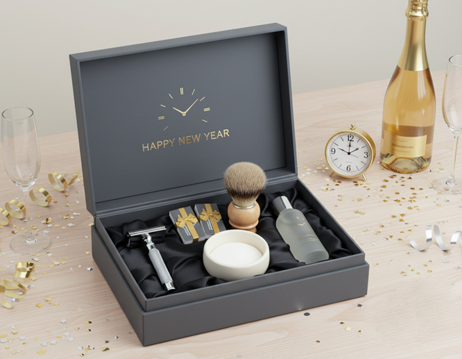 Luxury men's grooming gift set in gray box with 'Happy New Year' text.