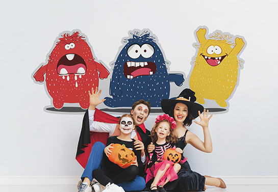 funny colorful Halloween backdrop idea with vintage monsters