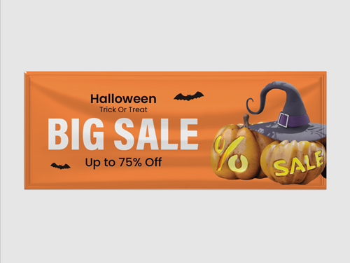 Orange Halloween Big Sale vinyl banner with a pointed witch hat put on pumpkins. 