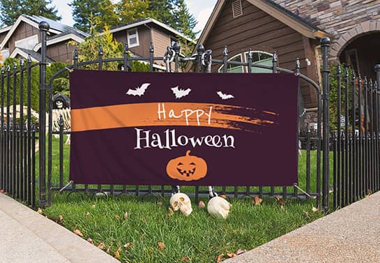 Halloween party banner in the front house garden