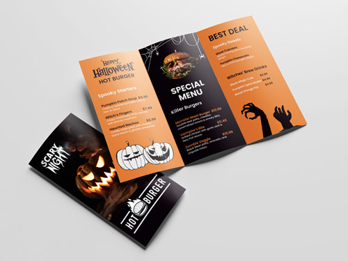 Two trifold brochures featuring menus with Halloween-themed design elements in orange and black.