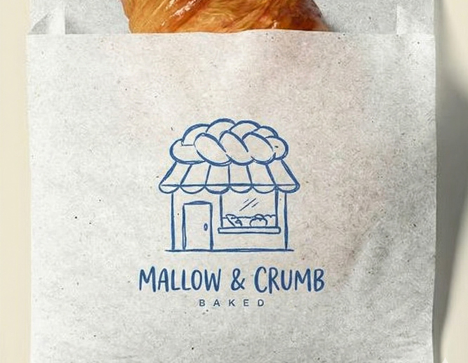 Mallow & Crumb Baked logo with blue bakery storefront illustration on textured paper.