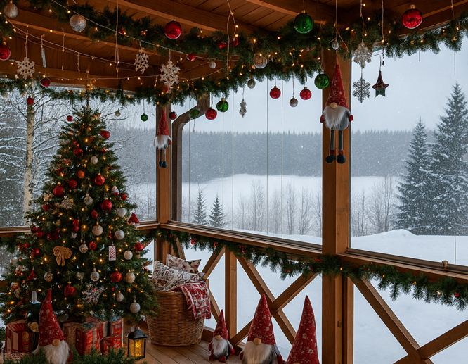 Christmas balls and snowflakes hanging from a wooden ceiling, and a big Christmas tree with gift boxes