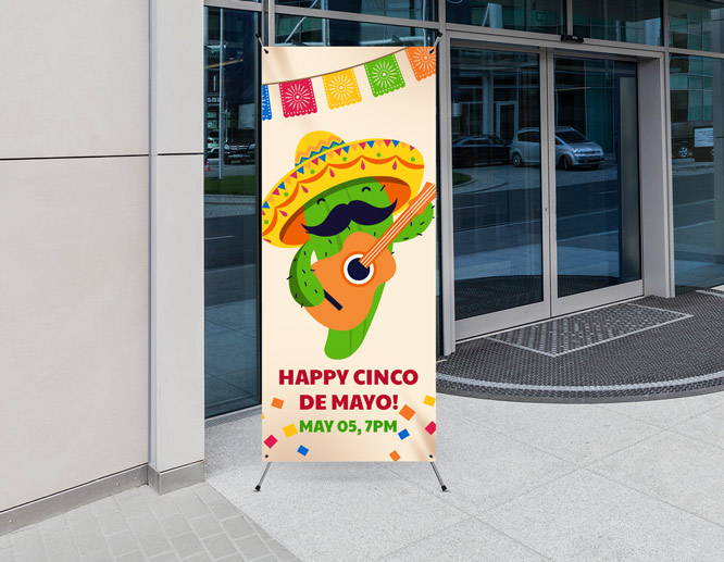 Freestanding happy Cinco de Mayo banner illustrating a cactus placed at the office entrance