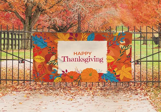 outdoor Happy Thanksgiving banner with autumn-themed patterns