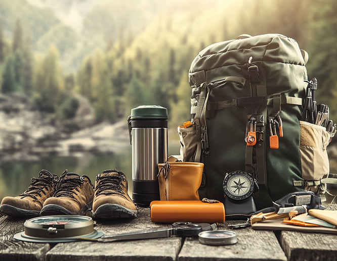 Collection of hiking gear including a backpack, boots, compass, thermos, and outdoor tools set on a wooden surface.