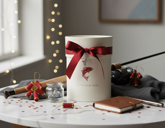 White gift box with red ribbon beside Christmas decorations.