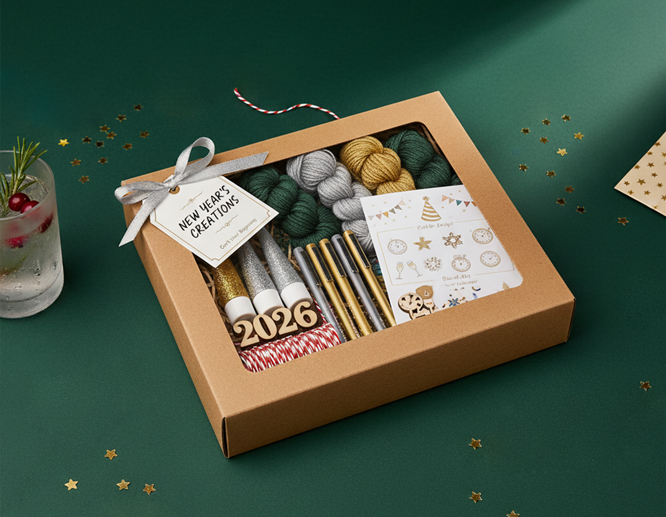 New Year gift box with party supplies including hats, napkins, and celebration items.