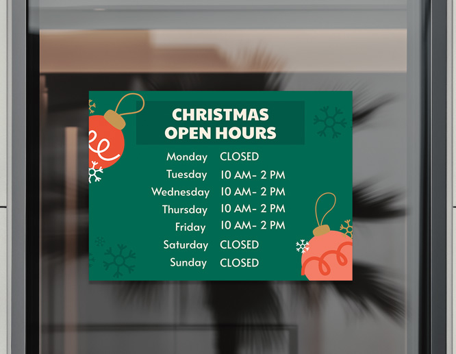 Christmas open hours with festive green background and decorative items.