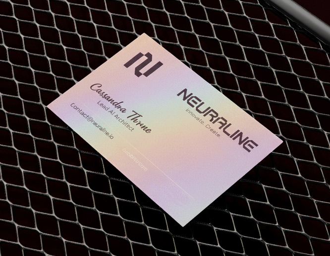 Holographic business cards with an iridescent rainbow finish, showcasing modern branding on reflective material.