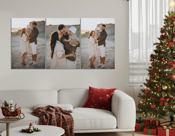 Three photo prints displaying family beach photos arranged on living room wall.