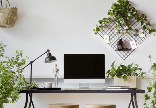 fun home office decorating idea with plants on grid wall