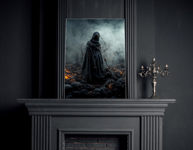 Dark wall art design with horror-themed illustrations portrayed on a black wall