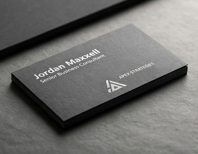 Matte black business cards with minimalist typography and an industrial finish, stacked on a modern concrete surface.