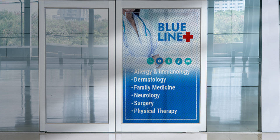 Informative healthcare see-through window decal with texts and images