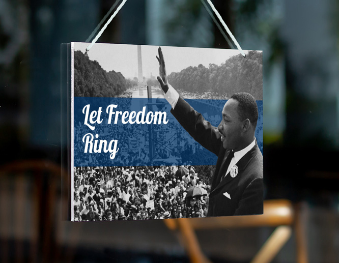 Square Martin Luther King poster with an inspirational quote applied on glass