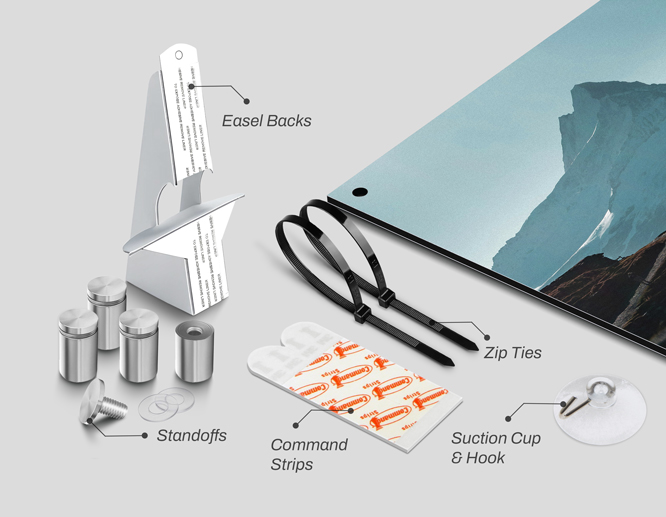 Dibond and aluminum installation types including standoffs, easel backs, suction cup and hook, and zip ties.