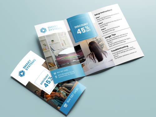 Brochure printing featuring an instruction manual for Smart Systems detailing product usage steps