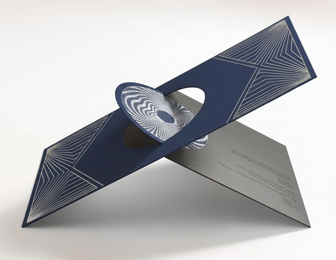 Interactive business cards with a geometric cutout design and layered construction for a unique, tactile presentation.