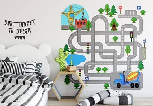 kids room wall art idea with an interactive road map